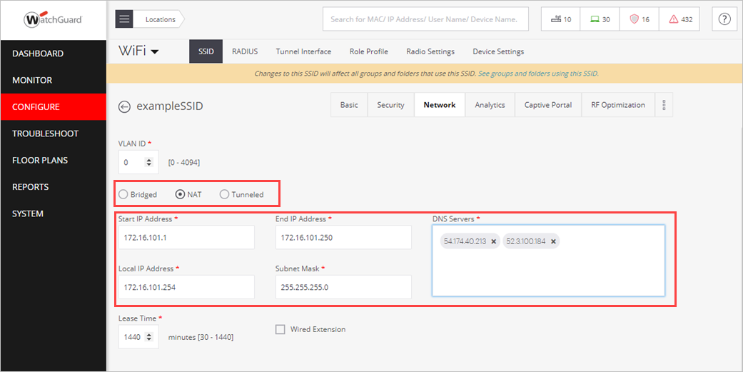 Screen shot of the NAT settings in an SSID in Discover for DNSWatch